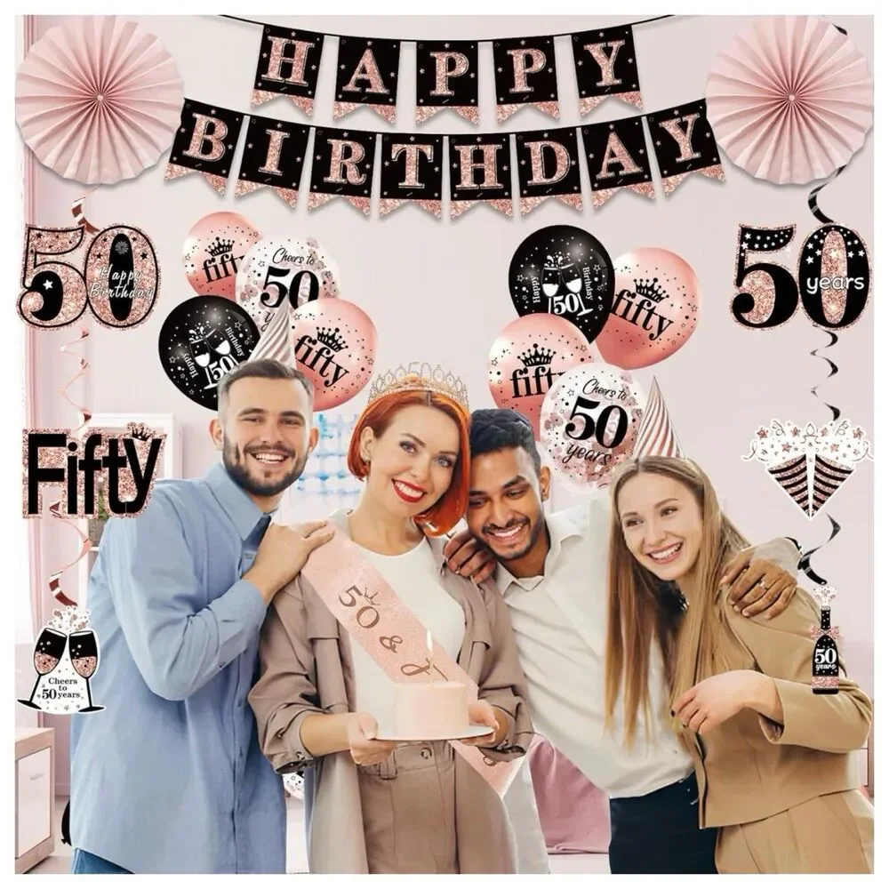 50th Birthday Decorations for Women Black Rose Gold Party Supplies Crown Sash
